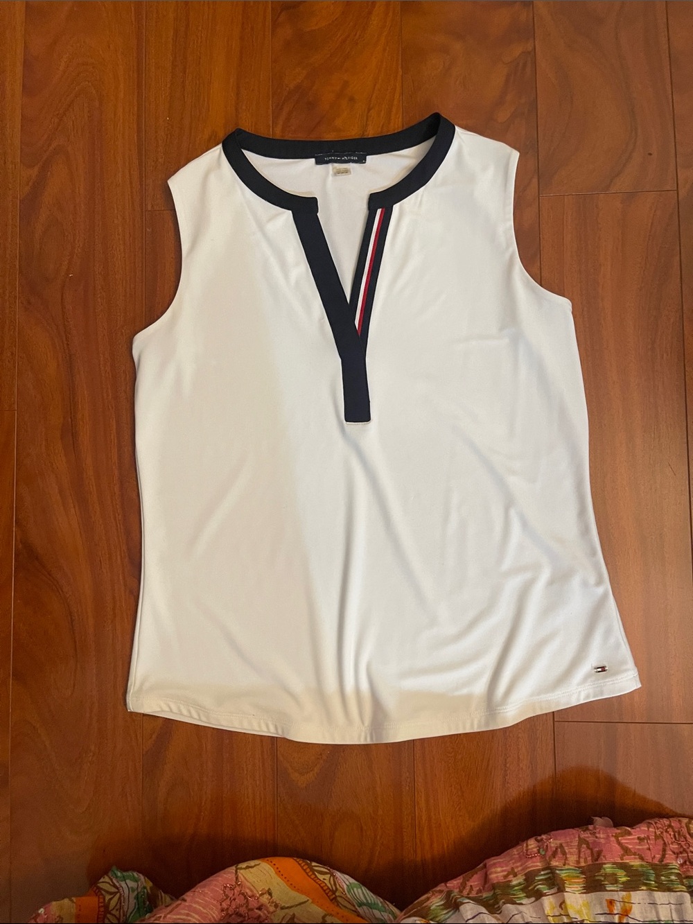 Tommy Hilfiger White Sleeveless Tank with Navy Trim and Red Stripe